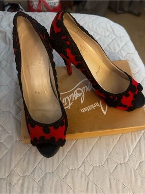 Christian Louboutin Red and Black Embroidered Peep-Toe Heels